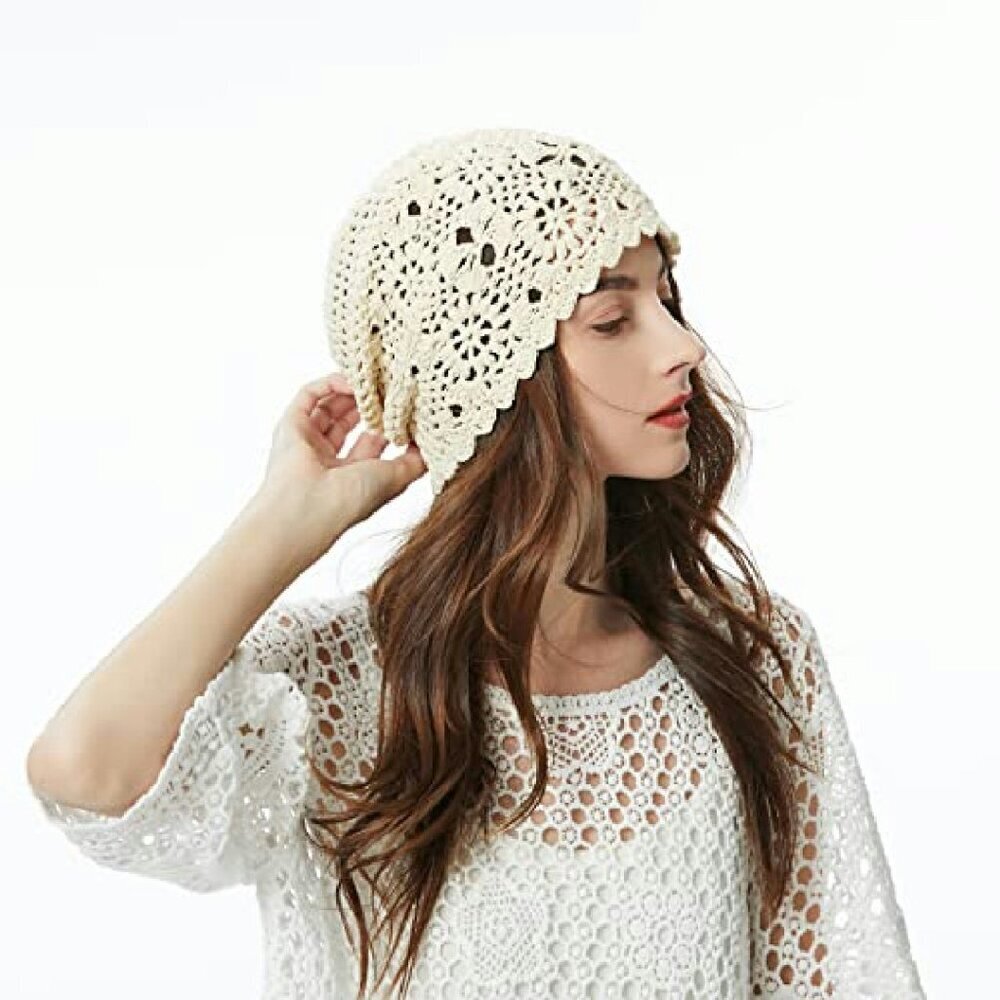 Cotton Crochet Slouchy Beanie Handmade Knit Summer Skull Cap - Picture 4 of 7